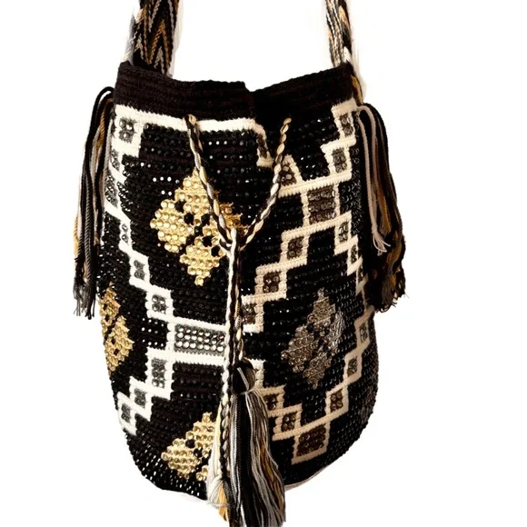 🥰3 for $30🥰Black Gold Crochet Geometric Patterned Boho Shoulder/Bucket/Hobo Bag - Picture 2 of 12